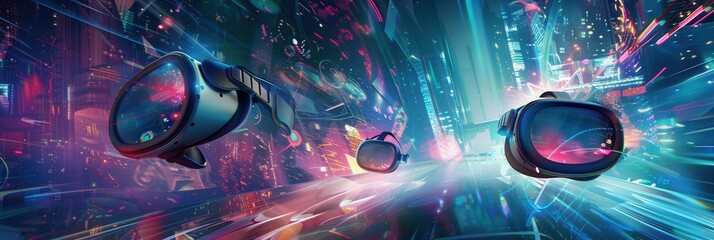 Poster - A digital cityscape with VR headsets and AR glasses flying through the air, representing the immersive possibilities of virtual reality. Generative AI