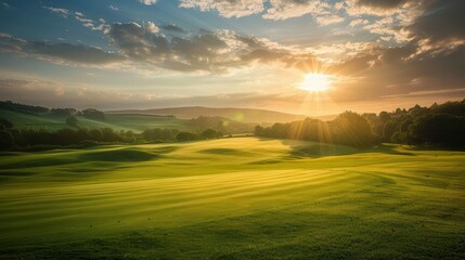 Wall Mural - majestic golf course bathed in golden light rolling hills and lush greens stretching to the horizon dramatic sky with wisps of clouds catching the suns rays