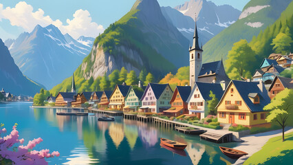 A vintage poster highlighting the serene beauty of Hallstatt's lakeside village. Include charming wooden houses, the calm waters of Lake Hallstatt, and the surrounding mountains, using soft pastels an