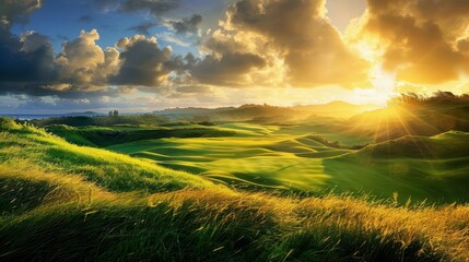 Wall Mural - majestic golf course bathed in golden light rolling hills and lush greens stretching to the horizon dramatic sky with wisps of clouds catching the suns rays