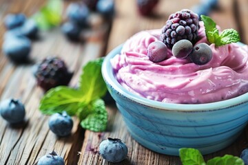 Poster - Blue bowl filled with creamy blueberry yogurt topped with fresh blueberries, blackberries, and mint leaves