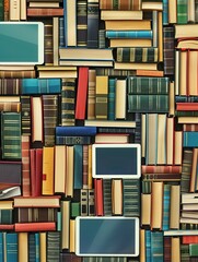 Leinwandbilder - Tablets and e-readers with educational materials display a modern approach to learning amidst a backdrop of traditional books. Generative AI
