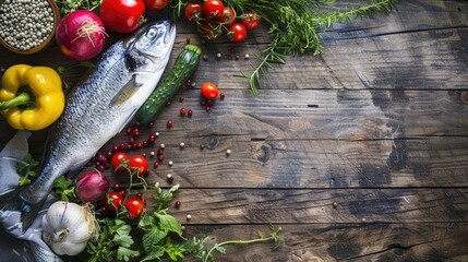 Healthy food concept with vegetables fish and berries on wooden backdrop from above