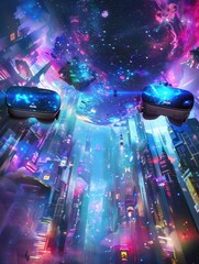 Poster - Two VR headsets floating over a vibrant, futuristic cityscape with neon lights and a starry sky, conveying the immersive experience of virtual reality. Generative AI