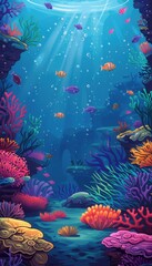 Wall Mural - A breathtaking illustration of an underwater world filled with vibrant coral reefs and colorful fish. Perfect for diving centers and marine aquariums. Generative AI