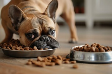 Wall Mural - French bulldog is eating food from a metal bowl on a wooden floor