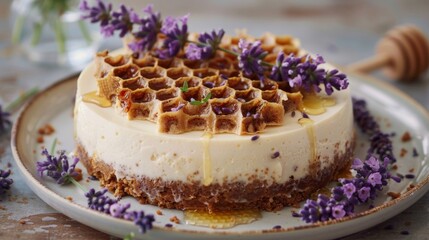 Wall Mural - A honey and lavenderinfused cheesecake topped with a honeycomb drizzle and fresh lavender blooms evoking a peaceful countryside setting.