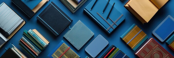 Leinwandbilder - A flat lay of various tablets, e-readers, and traditional books showcasing digital and print learning resources for online schools and e-book publishers. Generative AI
