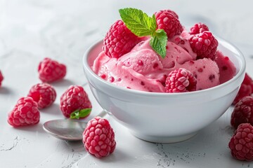 Wall Mural - Raspberry ice cream is served in a white bowl, decorated with fresh berries and mint leaves
