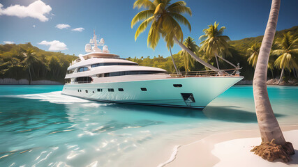 yacht in a tropical paradise description create an image of a luxurious yacht anchored in crystal-cl