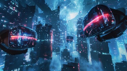 Poster - A captivating image of VR headsets and AR glasses soaring through a vibrant, futuristic digital world. Generative AI