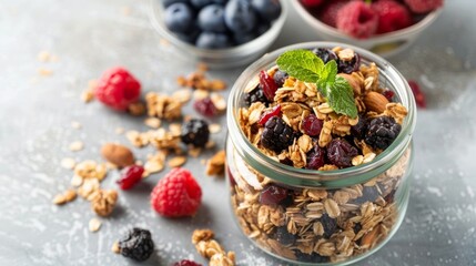 Poster - A jar of homemade granola mixed with dried fruits and nuts and accompanied by a bowl of fresh mixed berries.