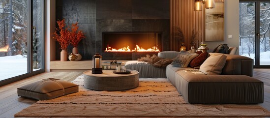 Wall Mural - Stylish living room with electric fireplace, cozy couches, and attractive decorations.