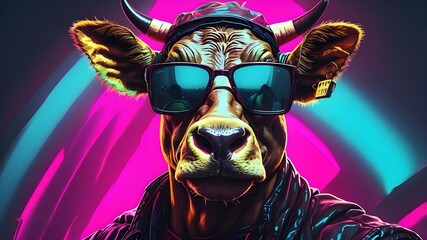 Wall Mural - Calm Anthropomorphic Cow Man in a Detailed 3D Portrait with Black Synthwave Reflective Sunglasses