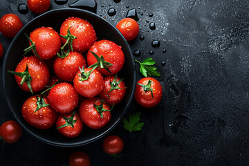 Top view of red ripe tomatoes in a bowl on the surface of black concrete table. Generative AI