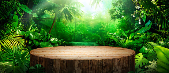 Wall Mural -  Background podium jungle product platform 3D green wood display pedestal. Background podium jungle tree nature leaf tropical cosmetic summer forest plant garden stage water presentation stone table. 