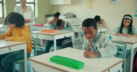 Aufkleber - Exam, teacher and students in classroom for group, test and knowledge in elementary school. Education, childhood development and desk for assessment, campus and learning for young people in academy