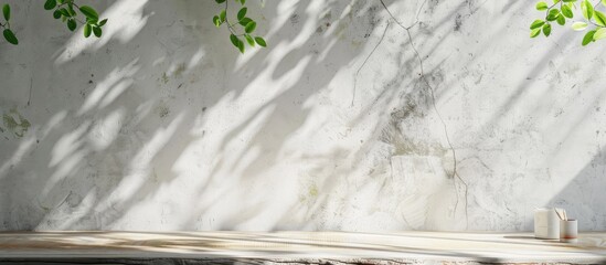 Poster - Spring green leaves on a tree branch under sunlight, casting a shadow on a white marble wall, wooden table, with space for writing.