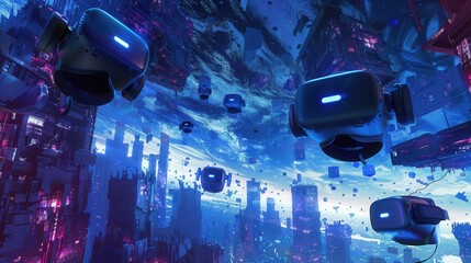 Poster - An immersive digital world with floating VR headsets and AR glasses. A vibrant scene for companies specializing in VR and AR technologies. Generative AI