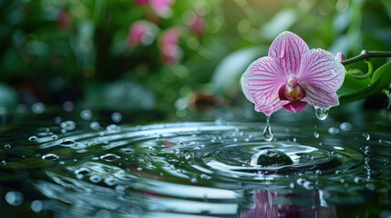 Canvas Print - Pink Orchid Flower with Water Droplets Reflecting in Water.  Serene Nature Background for Spa, Wellness, and Relaxation