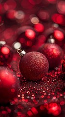 Wall Mural - A backdrop adorned with festive red Christmas ornaments.






