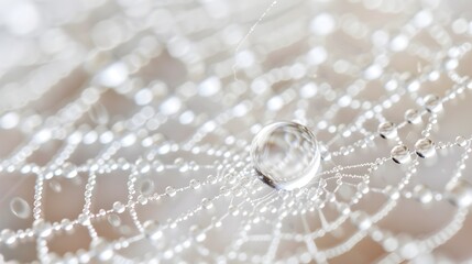 Wall Mural - Intricate Dew Covered Spider Web Sparkling on White Background