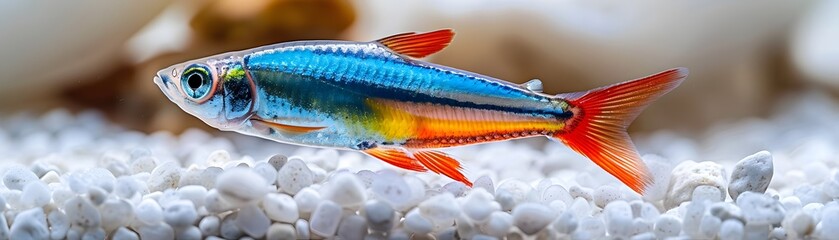 Poster - Vibrant Neon Tetra with Glowing Blue and Red Stripes on White Background