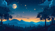© VRAYVENUS - Moonlit Night: A tranquil scene of a moonlit night with stars, clouds, and silhouettes of trees or mountains.