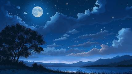 Wall Mural - Moonlit Night: A tranquil scene of a moonlit night with stars, clouds, and silhouettes of trees or mountains.