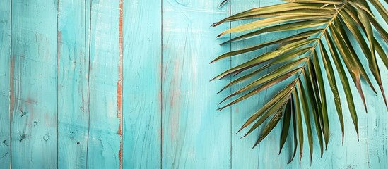 Canvas Print - Isolated Palm Leaf on Turquoise Wooden Plank Background: Summertime Theme