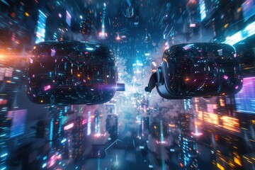 Poster - Two VR headsets soar through a vibrant digital landscape, highlighting the immersive possibilities of virtual reality technology. Generative AI