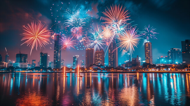 Fireworks exploding over a city skyline at night, reflections in a calm river, vibrant and colorful bursts.