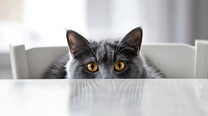 beautiful funny grey British cat peeking out from behind a white table with copy space.