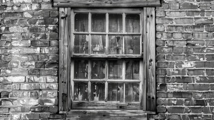 Canvas Print - Monochrome image with brick wall and wooden window as backdrop