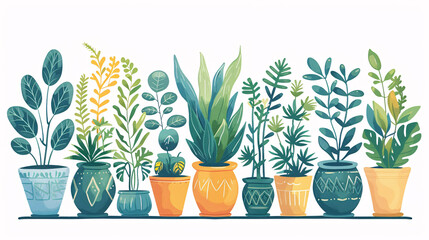 Cute cartoon drawing of houseplants with a stylish growth message, featuring green foliage on white background