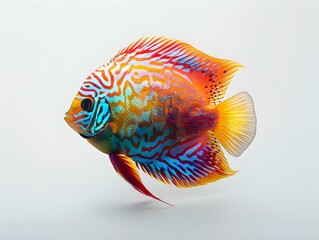 Poster - Vibrant Discus Fish with Intricate Patterns and Bold Colors on a White Background  Ornamental Aquatic Creature Concept