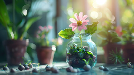 Canvas Print - Single pink Zinnia flower in a glass vase surrounded by plants and bulbs. Concepts of home gardening, growth, spring, new life, and beauty