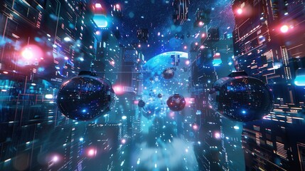 Poster - VR headsets and AR glasses are immersed in a fantastical digital world, showcasing the immersive nature of virtual reality technology. Generative AI