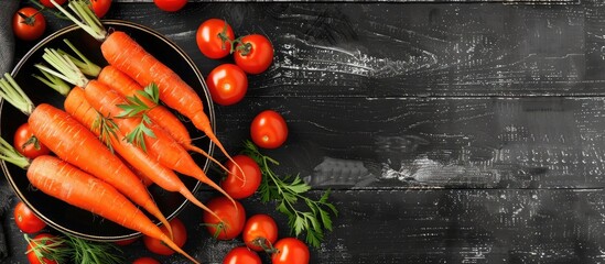Wall Mural - A black wooden background showcasing a bowl filled with fresh carrots and tomatoes