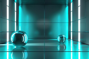 Futuristic blue neon lit empty room with two reflective spheres, modern minimalist design background. Concept of technology, gaming, metaverse, and the future.