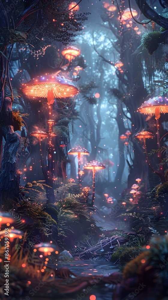Enchanted Bioluminescent Forest: Luminescent Fungi and Ethereal Creatures Casting a Mesmerizing Glow in the Tangled Foliage