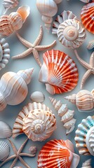 Sticker - Enchanting Seamless Pattern of Colorful Seashells in Soothing Seafoam,Coral and Creamy Tones