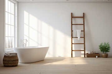 Poster - Minimalist bathroom with white bathtub and wooden ladder, with copy space text for interior design, bathroom decor, and spa