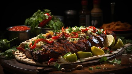 Canvas Print - Delicious kebab full of meat and vegetables, black and blur background
