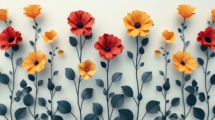 Wall Mural - Minimalist Floral Seamless Pattern with Vibrant Red and Yellow Blooms