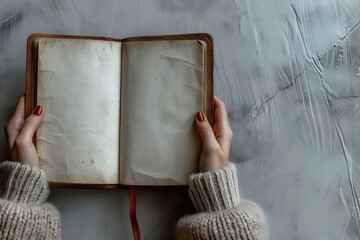 Wall Mural - Overhead View of Blank Open Leather Journal Held in Woman's Hands on Isolated Background