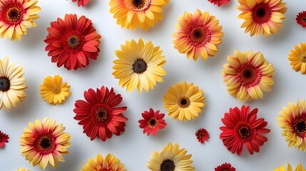 Wall Mural - Vibrant Doodle-like Floral Pattern of Playful Red and Yellow Daisy-like Blooms on Crisp White Background