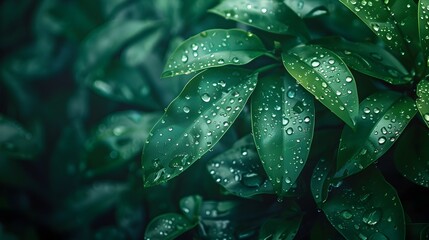 Poster - Intricate Raindrops on Vibrant Green Plant Leaf in Peaceful Nature Scene