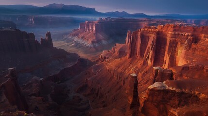 Wall Mural - A remote canyon with towering red rock formations, illuminated by the soft light of dawn.