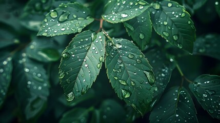 Poster - Vibrant Green Raindrops on Lush Plant Leaves in Peaceful Nature Scene